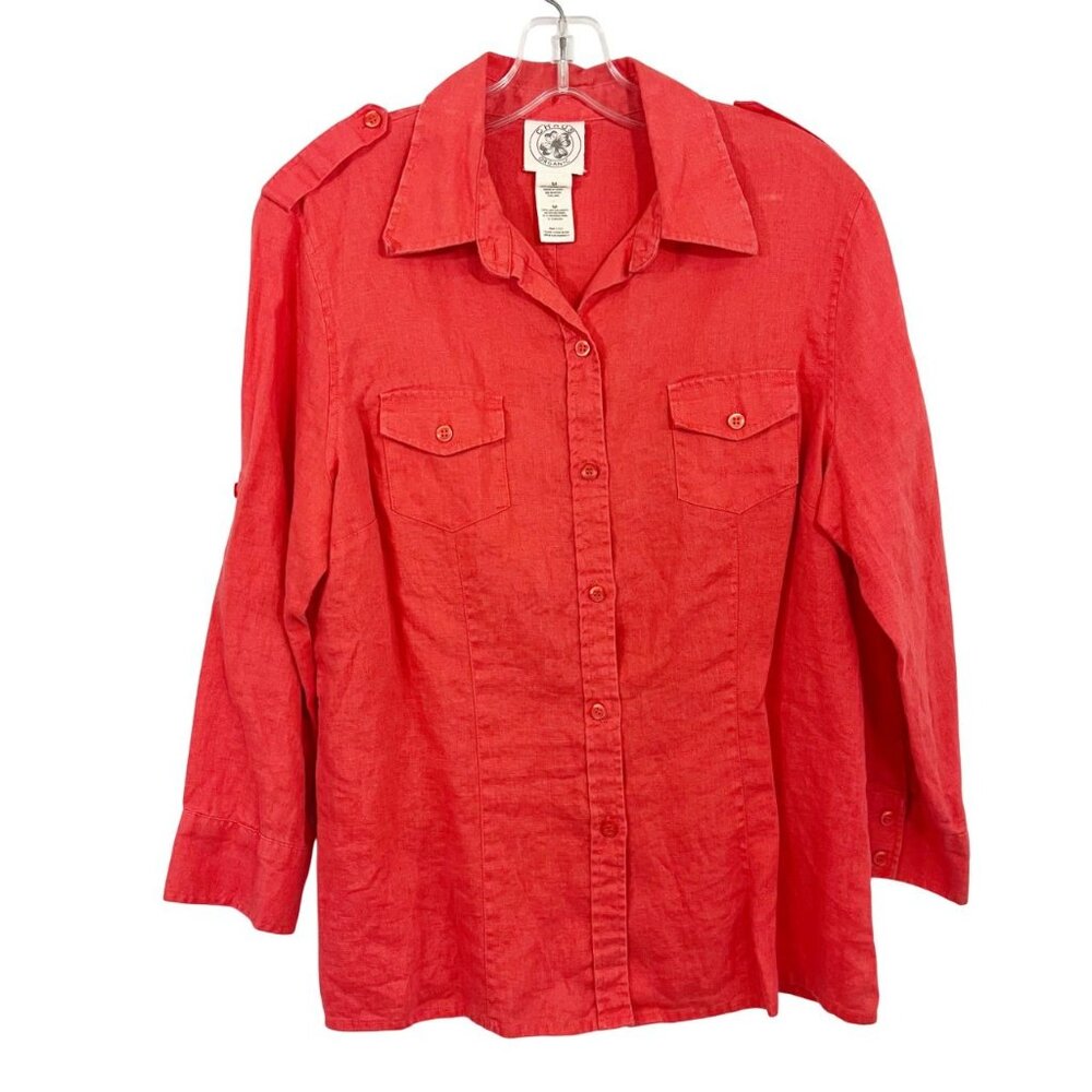 Chaus Organic Linen Shirt Roll Tab Sleeves Chest Pockets Orange Size Medium